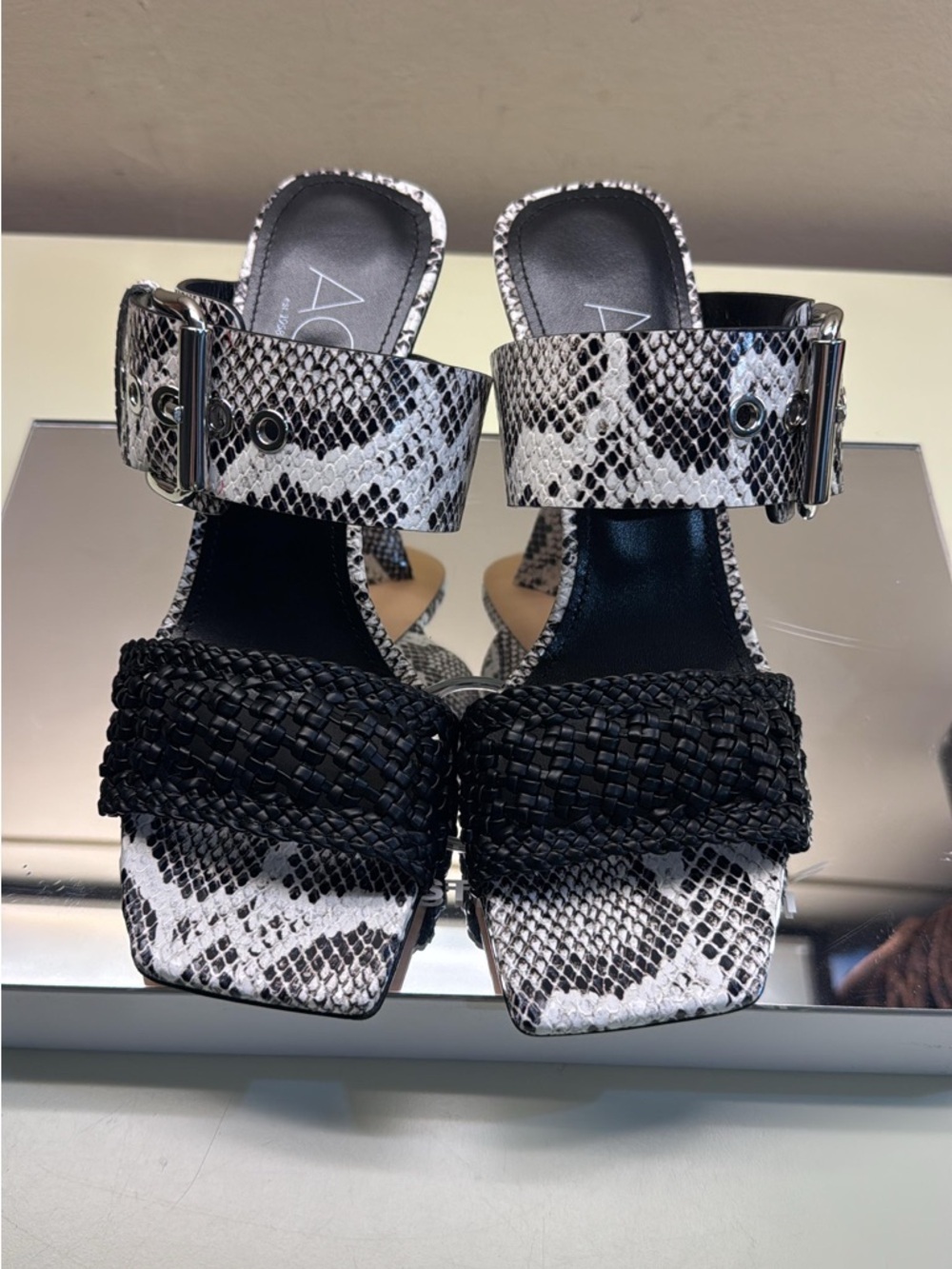 Agl snake print made in Italy Black & White Braided Strap Heeled Slides
